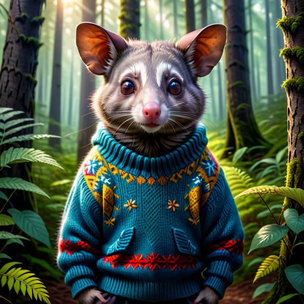 Pic d'un opossum dans un pull dans la forêt