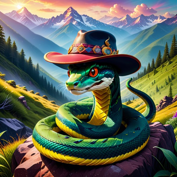 Ilustração de uma cobra em um chapéu nas montanhas