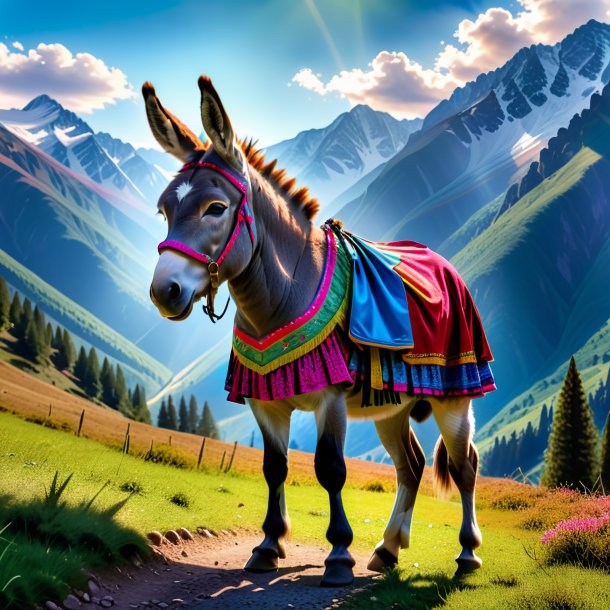 Photo of a donkey in a skirt in the mountains