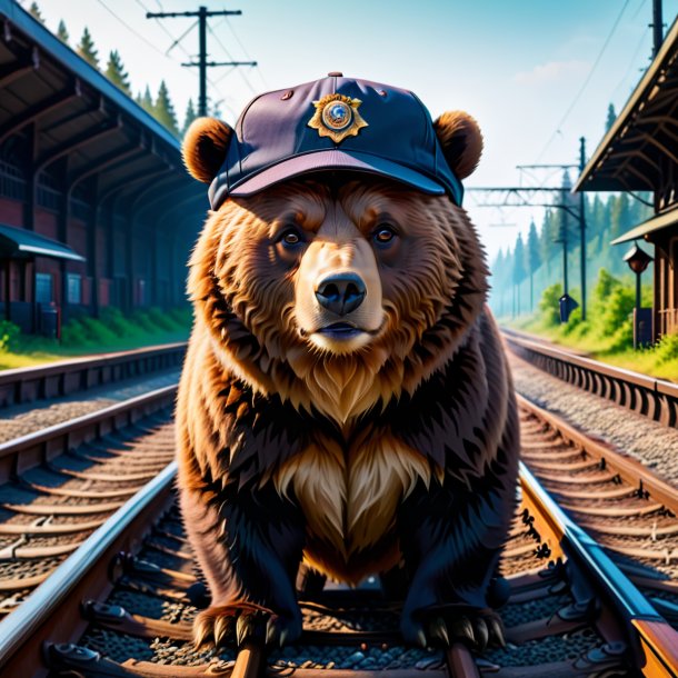 Picture of a bear in a cap on the railway tracks