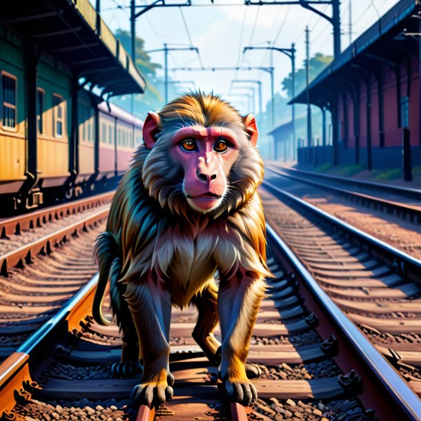 Illustration of a baboon in a gloves on the railway tracks