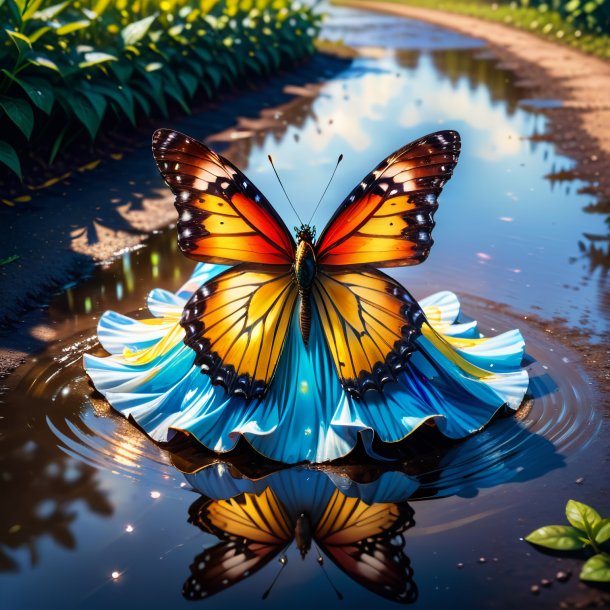 Picture of a butterfly in a dress in the puddle