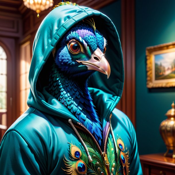 Picture of a peacock in a hoodie in the house