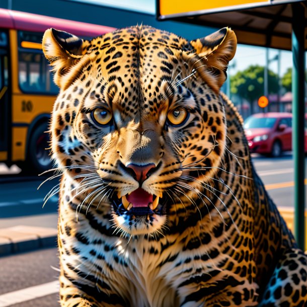 Foto de un enojado de un leopardo en la parada de autobús