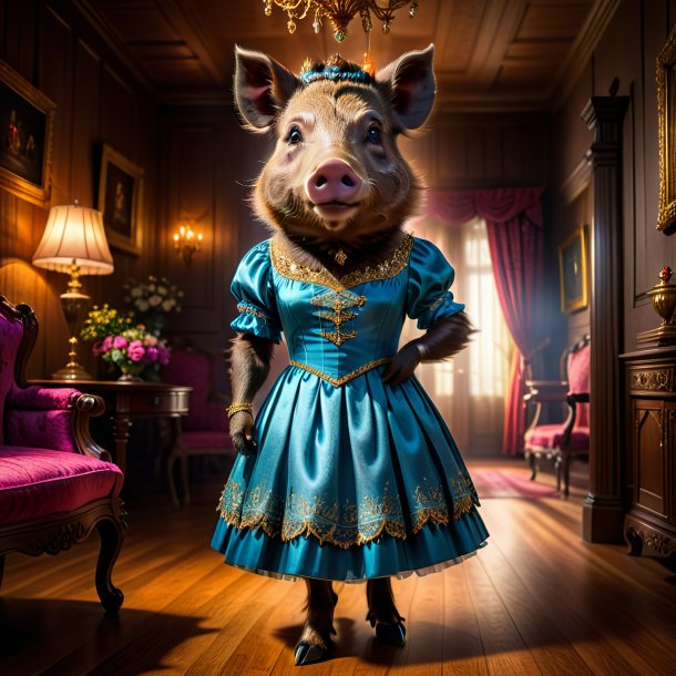 Photo of a boar in a dress in the house