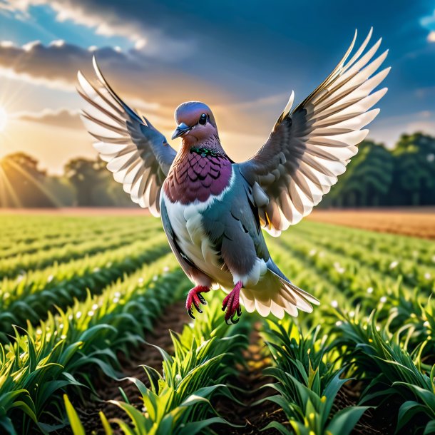 Foto de um salto de uma pomba no campo