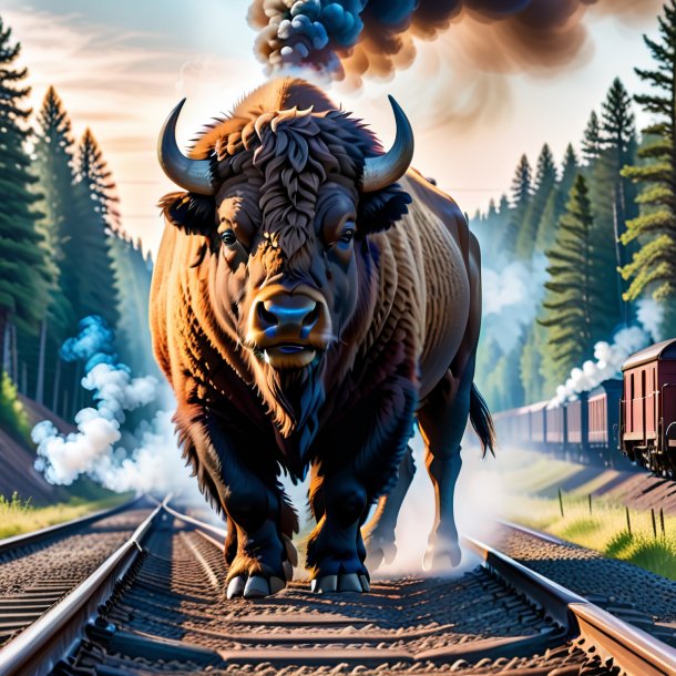 Picture of a smoking of a bison on the railway tracks