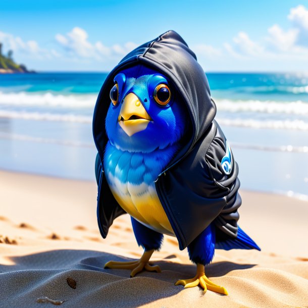 Photo of a blue tang in a hoodie on the beach