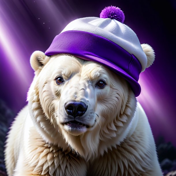 Foto de un oso polar en una gorra púrpura