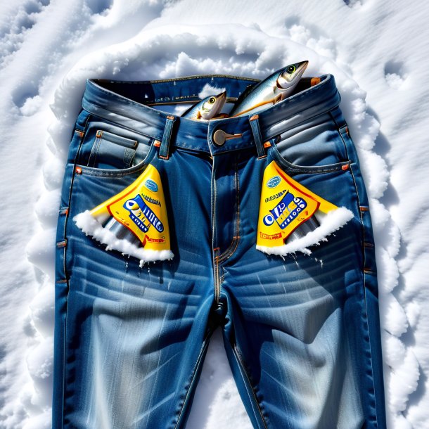 Pic d'une sardine dans un jean dans la neige