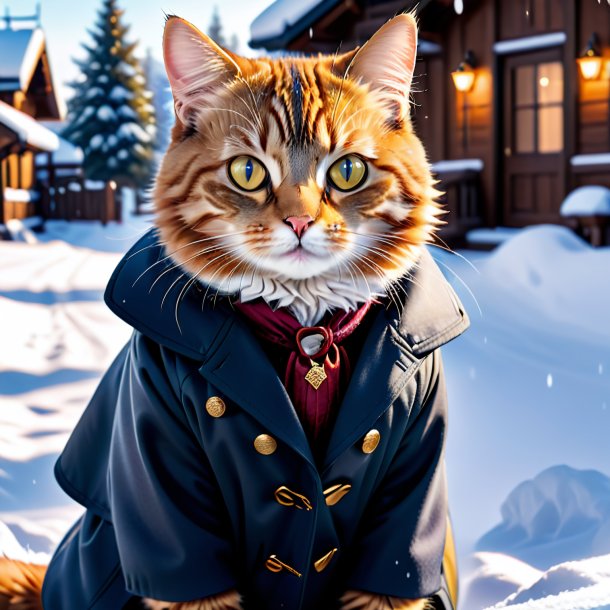 Picture of a cat in a coat in the snow