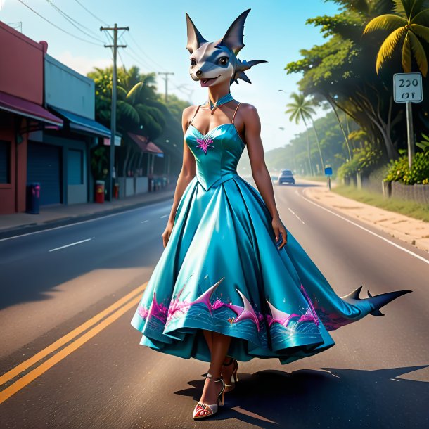 Drawing of a hammerhead shark in a dress on the road