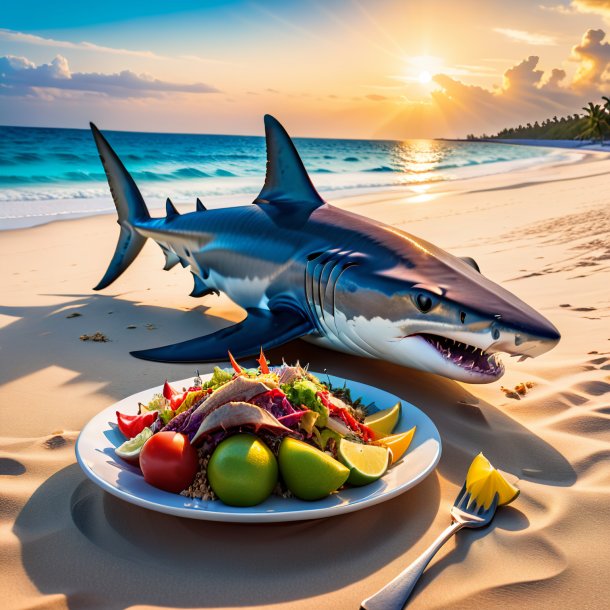 Photo of a eating of a hammerhead shark on the beach