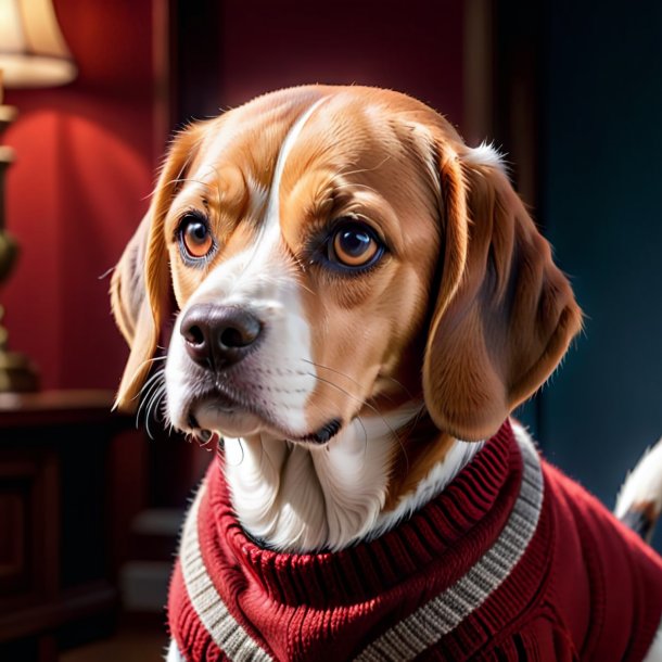 Photo of a beagle in a red sweater