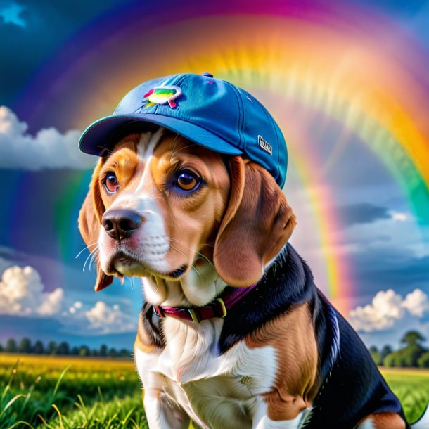 Foto de um beagle em um boné no arco-íris