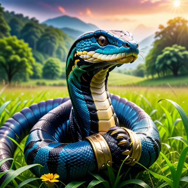 Foto de una cobra real en guantes en el prado