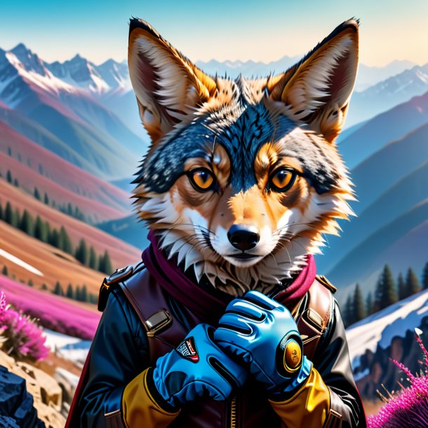 Picture of a jackal in a gloves in the mountains