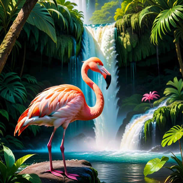 Image of a eating of a flamingo in the waterfall