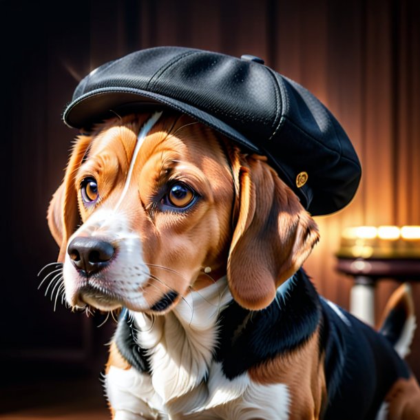 Pic of a beagle in a black cap