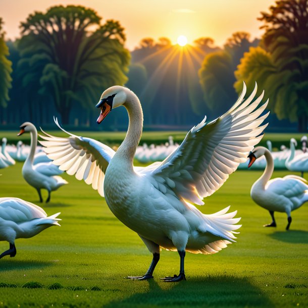 Picture of a dancing of a swan on the field