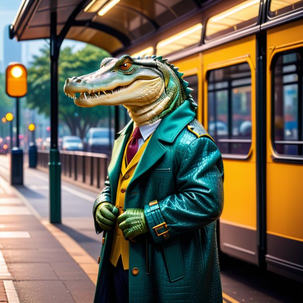 Pic d'un crocodile dans un manteau sur l'arrêt de bus