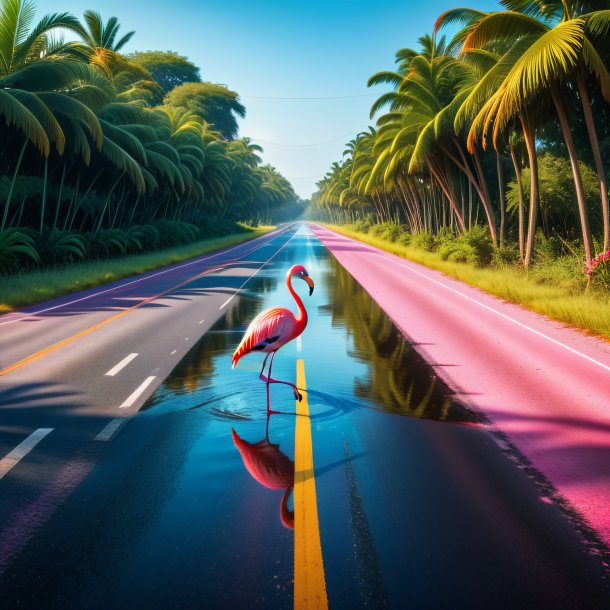 Image of a swimming of a flamingo on the road