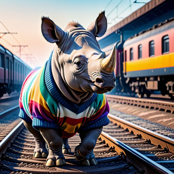 Image of a rhinoceros in a sweater on the railway tracks