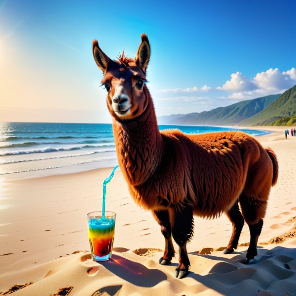 Foto de um beber de uma lhama na praia