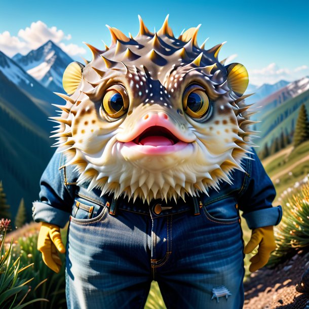 Image of a pufferfish in a jeans in the mountains