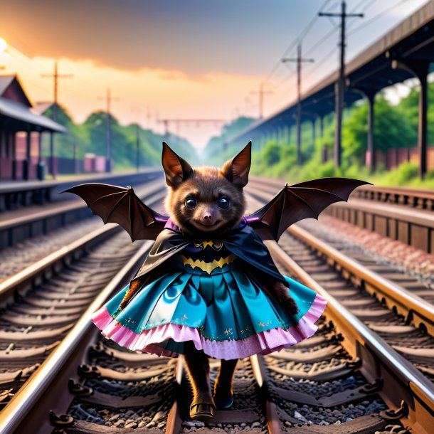 Photo of a bat in a skirt on the railway tracks