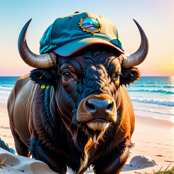 Dessin d'un bison dans une casquette sur la plage