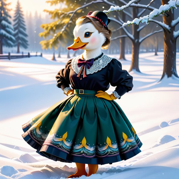 Illustration of a duck in a skirt in the snow