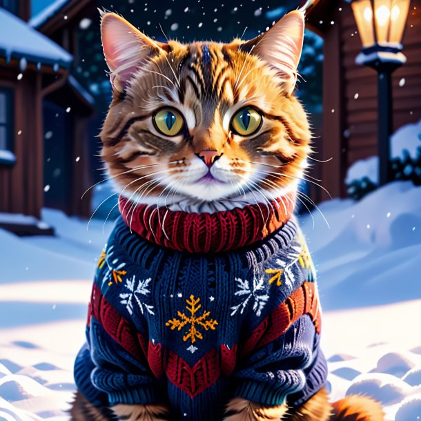 Illustration of a cat in a sweater in the snow