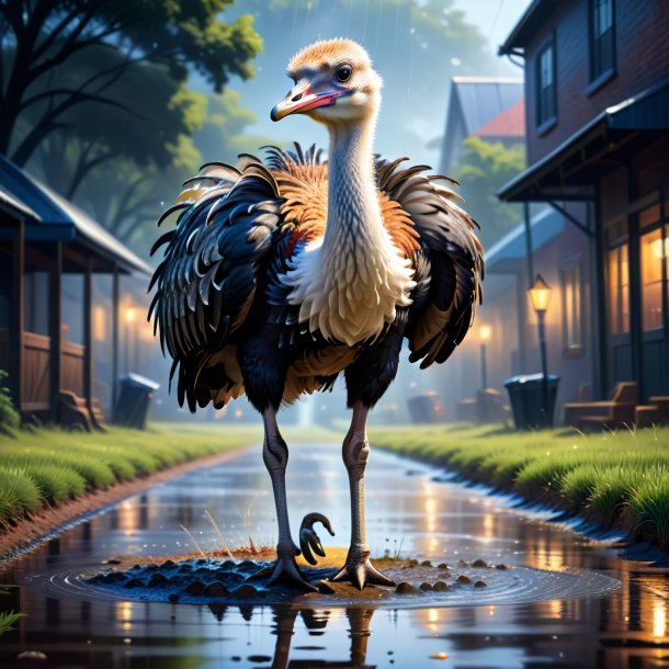 Illustration of a ostrich in a vest in the puddle