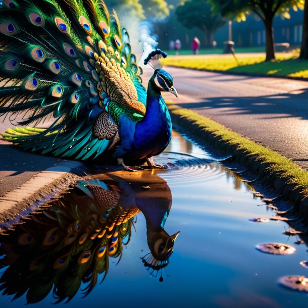 Pic of a smoking of a peacock in the puddle