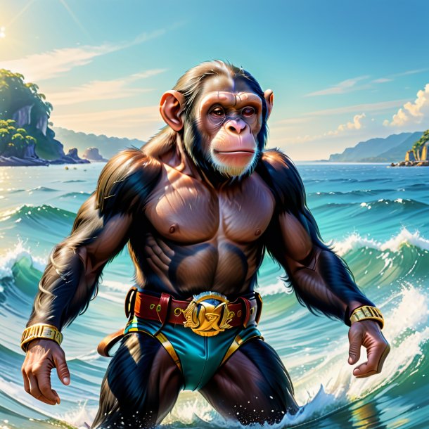 Drawing of a chimpanzee in a belt in the sea