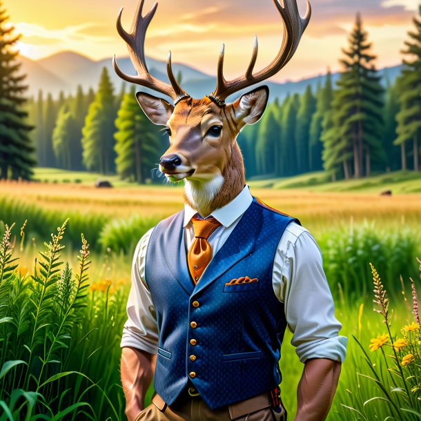 Picture of a deer in a vest in the meadow