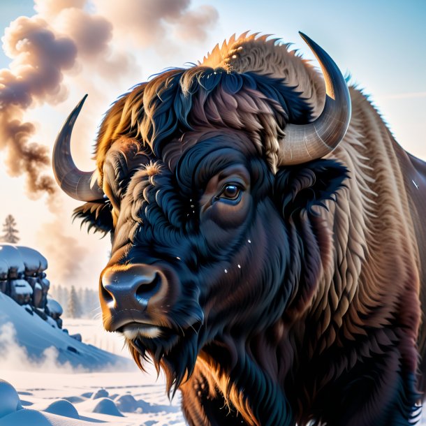 Photo of a smoking of a buffalo in the snow