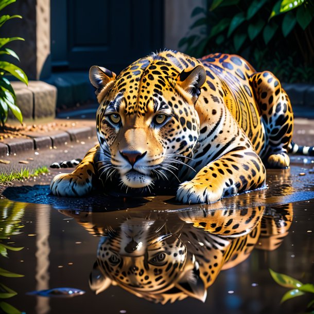 Image of a resting of a jaguar in the puddle