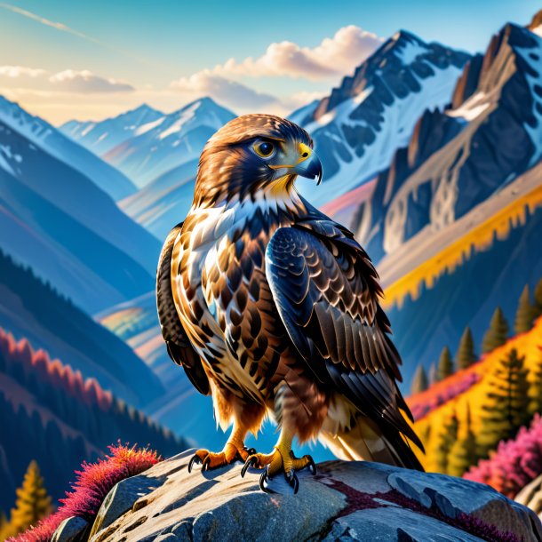 Picture of a hawk in a jacket in the mountains