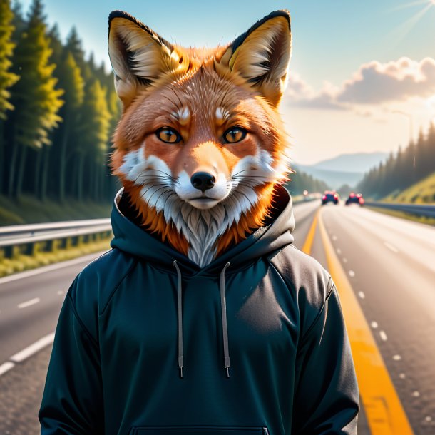 Photo d'un renard dans un sweat à capuche sur l'autoroute