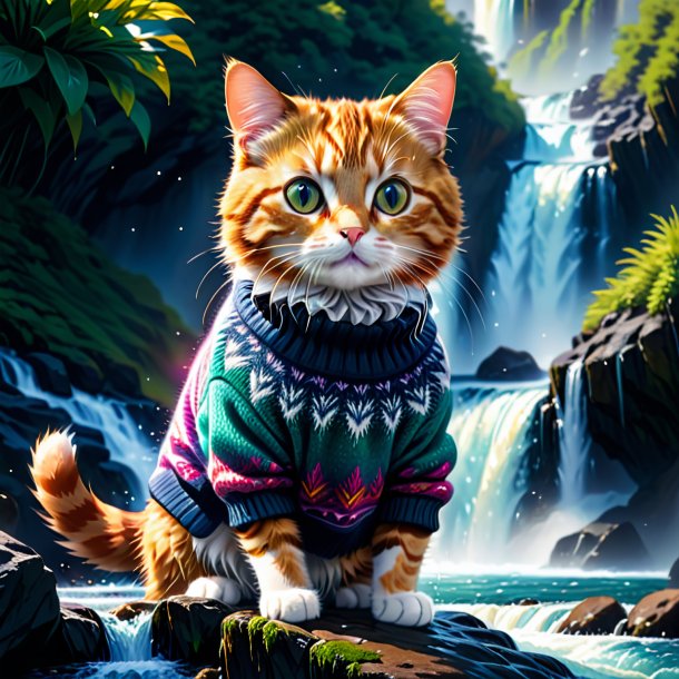 Illustration of a cat in a sweater in the waterfall