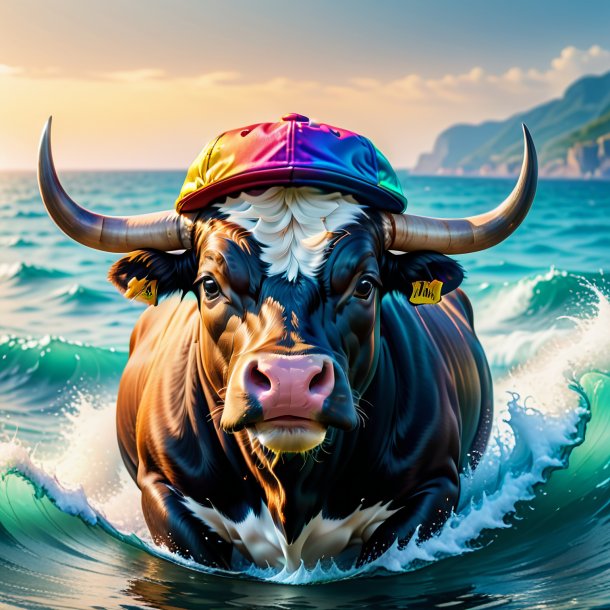 Image of a bull in a cap in the sea