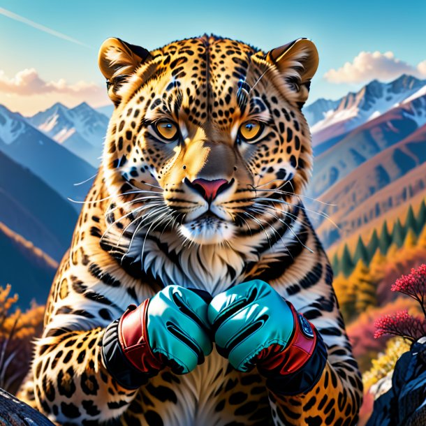 Drawing of a leopard in a gloves in the mountains