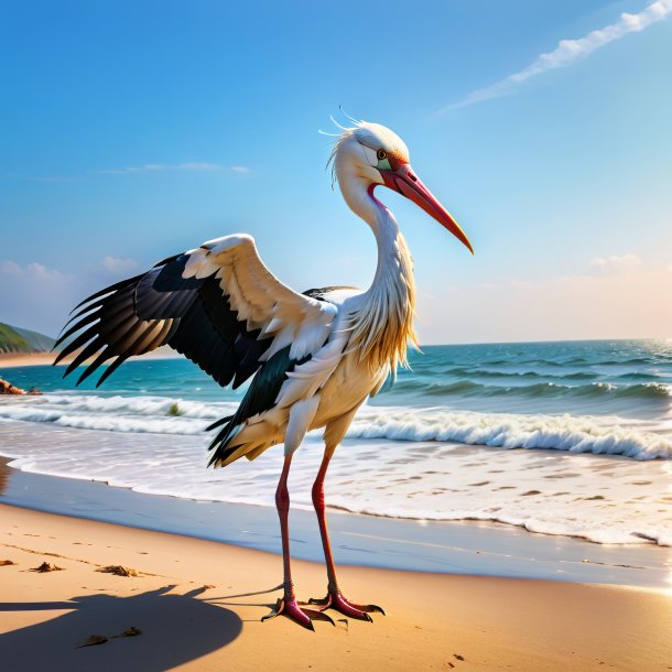 Foto de uma ameaça de uma cegonha na praia