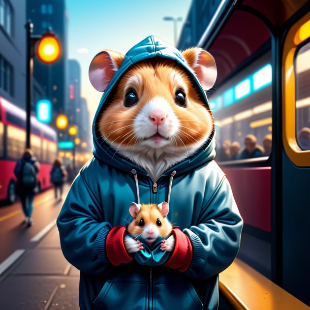 Illustration d'un hamster dans une capuche sur l'arrêt de bus