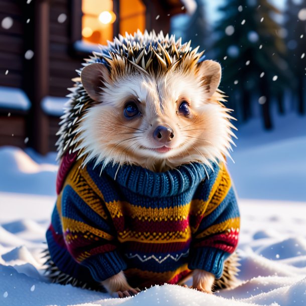 Picture of a hedgehog in a sweater in the snow