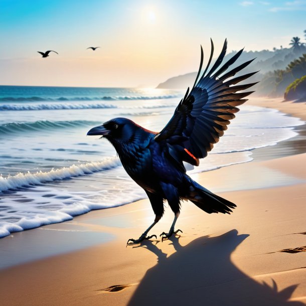 Photo of a dancing of a crow on the beach