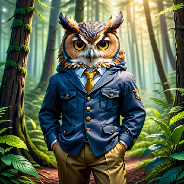 Illustration of a owl in a trousers in the forest