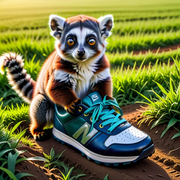 Picture of a lemur in a shoes on the field